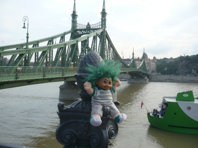 4My buddy and I attend two of Hungary's best universities, they are great rivals of course. They are connected by one of the 9 main bridges of Budapest. Also note the kelly green ship.